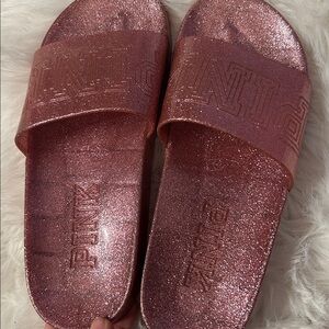 Victoria's Secret PINK Glitter Jelly Slides Sz 7-8 Large Pink Slip On Flip Flop